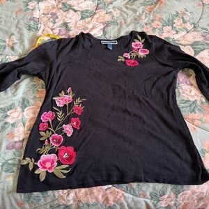 Karen Scott Black Top with Pink Floral Embroidery